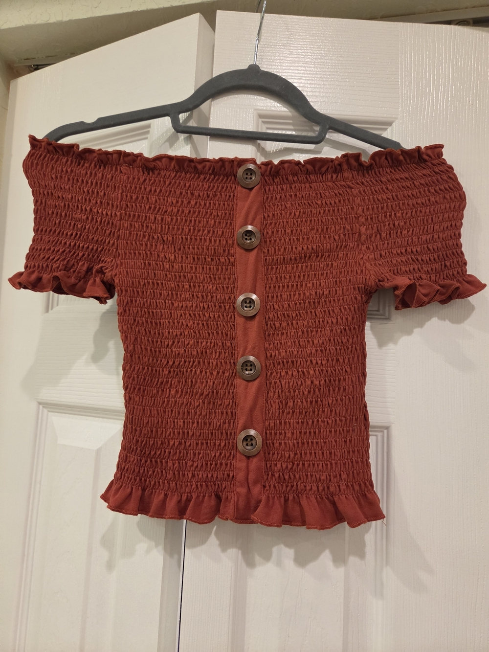 Orange Kiss Rust Smocked Off-Shoulder Crop Top with Button Front